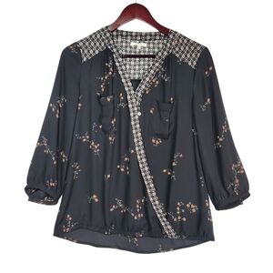 Maurices Flowy Black Floral Faux-Wrap Blouse Boho Whimsigoth Fairy 3/4 Sleeve Sm